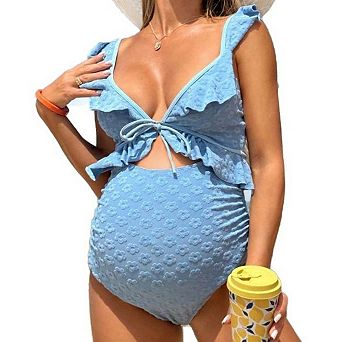 PioneerWorks Plus Size Maternity Ruffle Swimsuit Jacquard Floral Texture Two Piece Bathing Suit