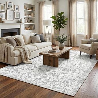 Floral Vintage Area Rug Washable Non Slip Low Pile Soft Indoor Floor Carpet