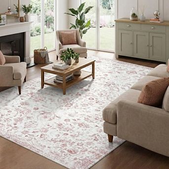 Floral Vintage Area Rug Washable Non Slip Low Pile Soft Indoor Floor Carpet