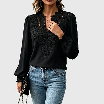 Womens Dressy Lace Blouse V Neck Ruffle Long Sleeve Crochet Casual Boho Shirt Tops