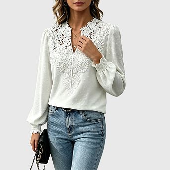 Womens Dressy Lace Blouse V Neck Ruffle Long Sleeve Crochet Casual Boho Shirt Tops