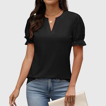 Women's Lace Eyelet Blouse V Neck Short Sleeve Loose Fit Dressy Casual Party Tops