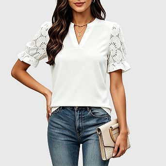 Women's Lace Eyelet Blouse V Neck Short Sleeve Loose Fit Dressy Casual Party Tops