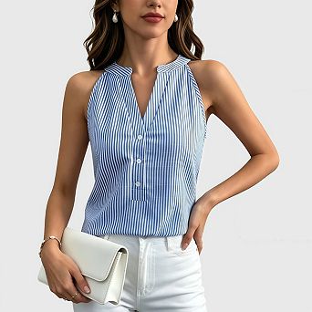 Women Striped Sleeveless V Neck Tank Top Summer Casual Button Front Tee Shirt