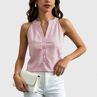 Women Striped Sleeveless V Neck Tank Top Summer Casual Button Front Tee Shirt