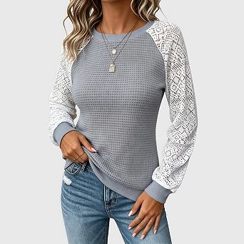 Womens Lace Long Sleeve Shirt Waffle Knit Dreesy Casual Work Sweaters Tunic Tops