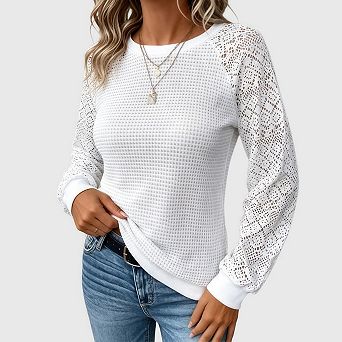 Womens Lace Long Sleeve Shirt Waffle Knit Dreesy Casual Work Sweaters Tunic Tops