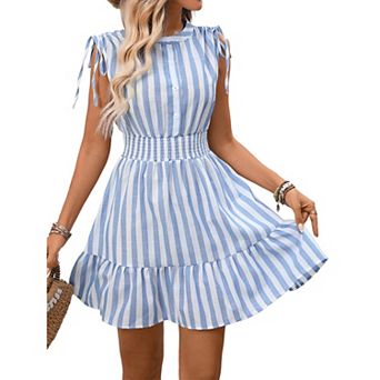Womens Summer Striped Midi Dress Smocked Waist Sleeveless Button Flowy Ruffle Hem A Line Sundress