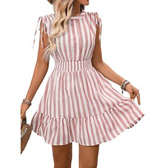 Womens Summer Striped Midi Dress Smocked Waist Sleeveless Button Flowy Ruffle Hem A Line Sundress