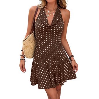 Womens Polka Dot Mini Dress Drooping Collar Halter Tie Backless Sleeveless Ruffle A Line Short Dress