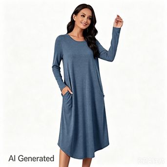 Womens Lounge Maxi Dress Long Sleeve Crewneck Loose Casual Curve Hem Shift Long Dresses with Pockets