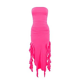 Womens Summer Tube Maxi Bodycon Dresses Strapless Irregular Split Ruffle Tassel Party Long Dress
