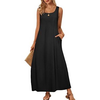 Women's Boho Summer Maxi Dress Square Neck Sleeveless Loose Ruffle Tank Beach Sundress with Pockets