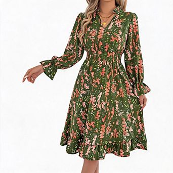 Women's Ruffle Mini Dress Casual V Neck Floral Peasant Long Sleeves Smocked Waist A Line Flowy Dress