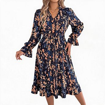Women's Ruffle Mini Dress Casual V Neck Floral Peasant Long Sleeves Smocked Waist A Line Flowy Dress