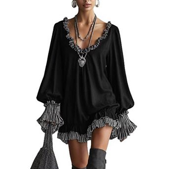 Women's Vintage Mini Dress Deep V Neck Elastic Ruffle Trim Balloon Long Sleeve Loose Fit Short Dress