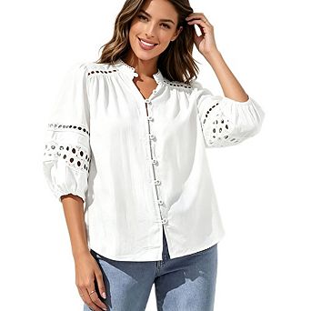 Women's 3/4 Puff Sleeve Eyelet Cutout Blouse Boho Button Front Stand Collar Loose Casual Shirt
