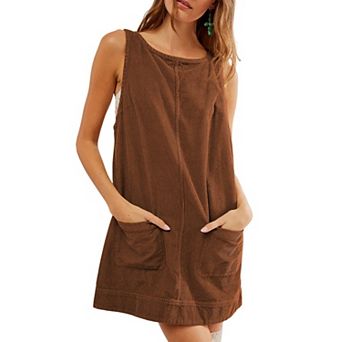 Women's Corduroy Overall Mini Dress Round Neck A Line Skirtall Jumper Dress Pinafore with Pockets