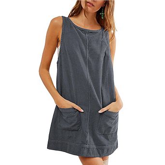Women's Corduroy Overall Mini Dress Round Neck A Line Skirtall Jumper Dress Pinafore with Pockets