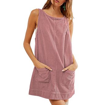 Women's Corduroy Overall Mini Dress Round Neck A Line Skirtall Jumper Dress Pinafore with Pockets
