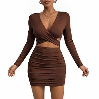 Women's Bodycon Deep V Neck Mini Dress Long Sleeve Cut Out Club Party Short Dress