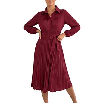 Women's Long Sleeve Pleated Dress Casual Collared V Neck A Line Flowy Midi Dresses with Belt