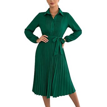 Women's Long Sleeve Pleated Dress Casual Collared V Neck A Line Flowy Midi Dresses with Belt