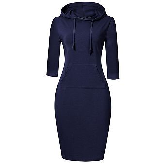 Women's 3/4 Sleeve Slim Pullover Midi Hoodie Dress Casual Sweatshirt Dresses with Pockets