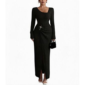 Women's Long Sleeve Bodycon Maxi Dress Casual Twist Front Side Slit Party Club Ribbed Knit Dresses