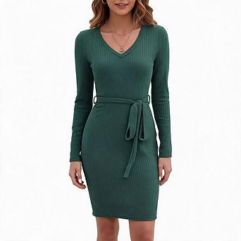 Women's Ribbed Knit Bodycon Midi Dresses Causal V Neck Long Sleeve Slim Fit Fall Dress with Belt