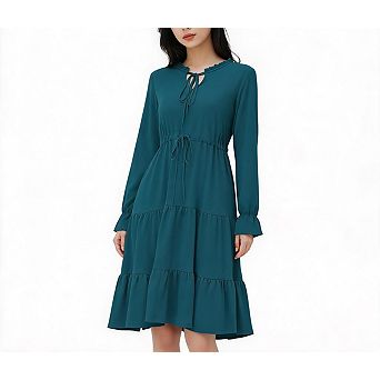 Womens Long Sleeve Midi Dress Casual Tie Neck Ruffle Tiered A Line Fall Wedding Guest Dress