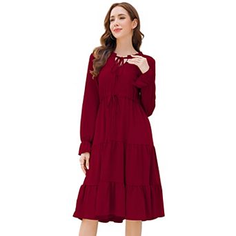 Womens Long Sleeve Midi Dress Casual Tie Neck Ruffle Tiered A Line Fall Wedding Guest Dress