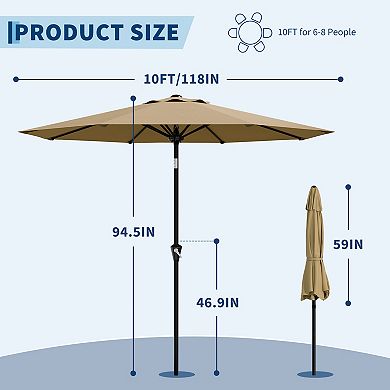 10FT Waterproof UV Resistant Patio Umbrella 8 Iron Ribs Crank Lift Push Button Tilt