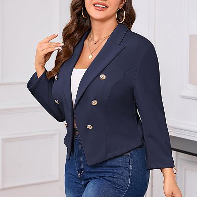 Women Plus Size Notch Lapel Double Breasted Cropped Blazer Open Front Casual Suit Jacket