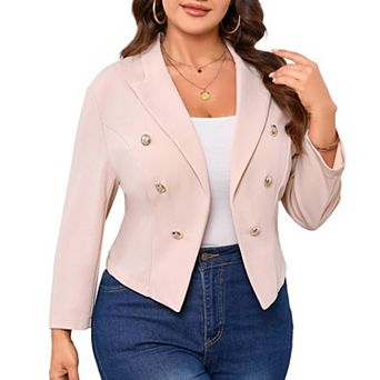 Women Plus Size Notch Lapel Double Breasted Cropped Blazer Open Front Casual Suit Jacket