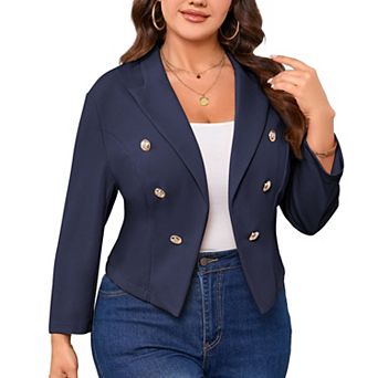 Women Plus Size Notch Lapel Double Breasted Cropped Blazer Open Front Casual Suit Jacket