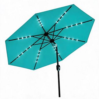 9FT Solar LED Patio Umbrella 8 Steel Ribs 180GSM Canopy Crank Tilt UV Waterproof