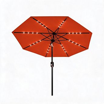 9FT Solar LED Patio Umbrella 8 Steel Ribs 180GSM Canopy Crank Tilt UV Waterproof