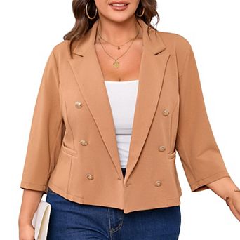 Women Plus Size Peak Lapel Double Breasted Cropped Blazer Casual Business Suit Jacket with Pockets