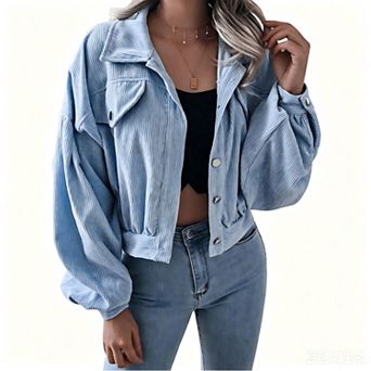 Women Corduroy Cropped Jacket Oversized Puff Lantern Sleeve Vintage Casual Bomber Coat