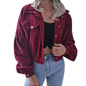 Women Corduroy Cropped Jacket Oversized Puff Lantern Sleeve Vintage Casual Bomber Coat