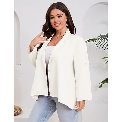 Women Plus Size Blazer Notch Lapel Asymmetric Hem Roll Tab Sleeve Casual Business Suit Jacket