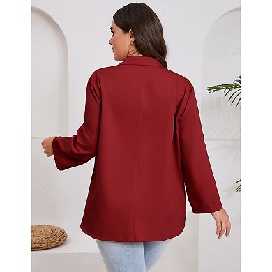 Women Plus Size Blazer Notch Lapel Asymmetric Hem Roll Tab Sleeve Casual Business Suit Jacket
