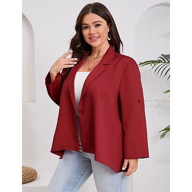 Women Plus Size Blazer Notch Lapel Asymmetric Hem Roll Tab Sleeve Casual Business Suit Jacket