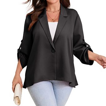 Women Plus Size Blazer Notch Lapel Asymmetric Hem Roll Tab Sleeve Casual Business Suit Jacket