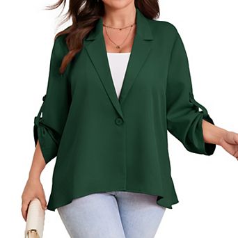 Women Plus Size Blazer Notch Lapel Asymmetric Hem Roll Tab Sleeve Casual Business Suit Jacket