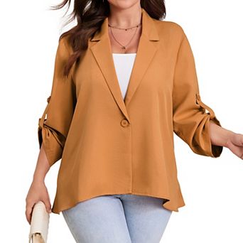 Women Plus Size Blazer Notch Lapel Asymmetric Hem Roll Tab Sleeve Casual Business Suit Jacket