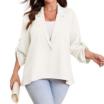 Women Plus Size Blazer Notch Lapel Asymmetric Hem Roll Tab Sleeve Casual Business Suit Jacket