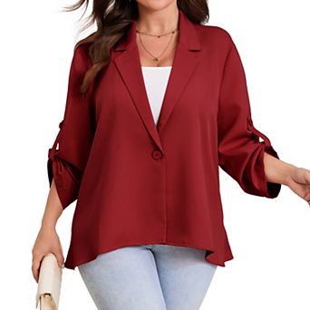 Women Plus Size Blazer Notch Lapel Asymmetric Hem Roll Tab Sleeve Casual Business Suit Jacket