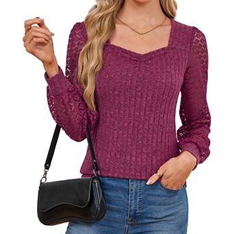 Women Sweetheart V Neck Lace Puff Long Sleeve Tops Ribbed Knit Slim Fit Casual Blouse Shirts